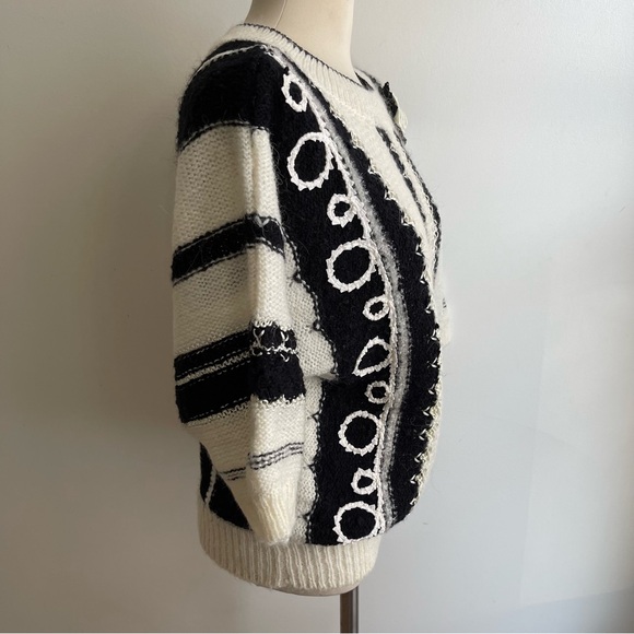 Vintage 80s Beldoch Popper Sweater Short Sleeve Black White Acrylic Wool Medium - Picture 5 of 8